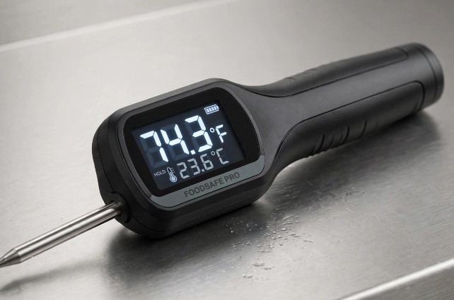 digital food thermometer showing 74 degree chicken safe temperature check