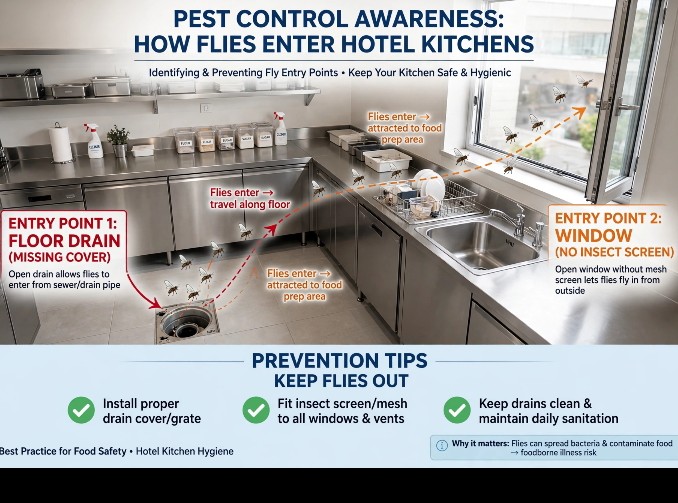 Pest Control Kya Hai infographic showing how flies enter hotel kitchen from open floor drain and window without insect screen